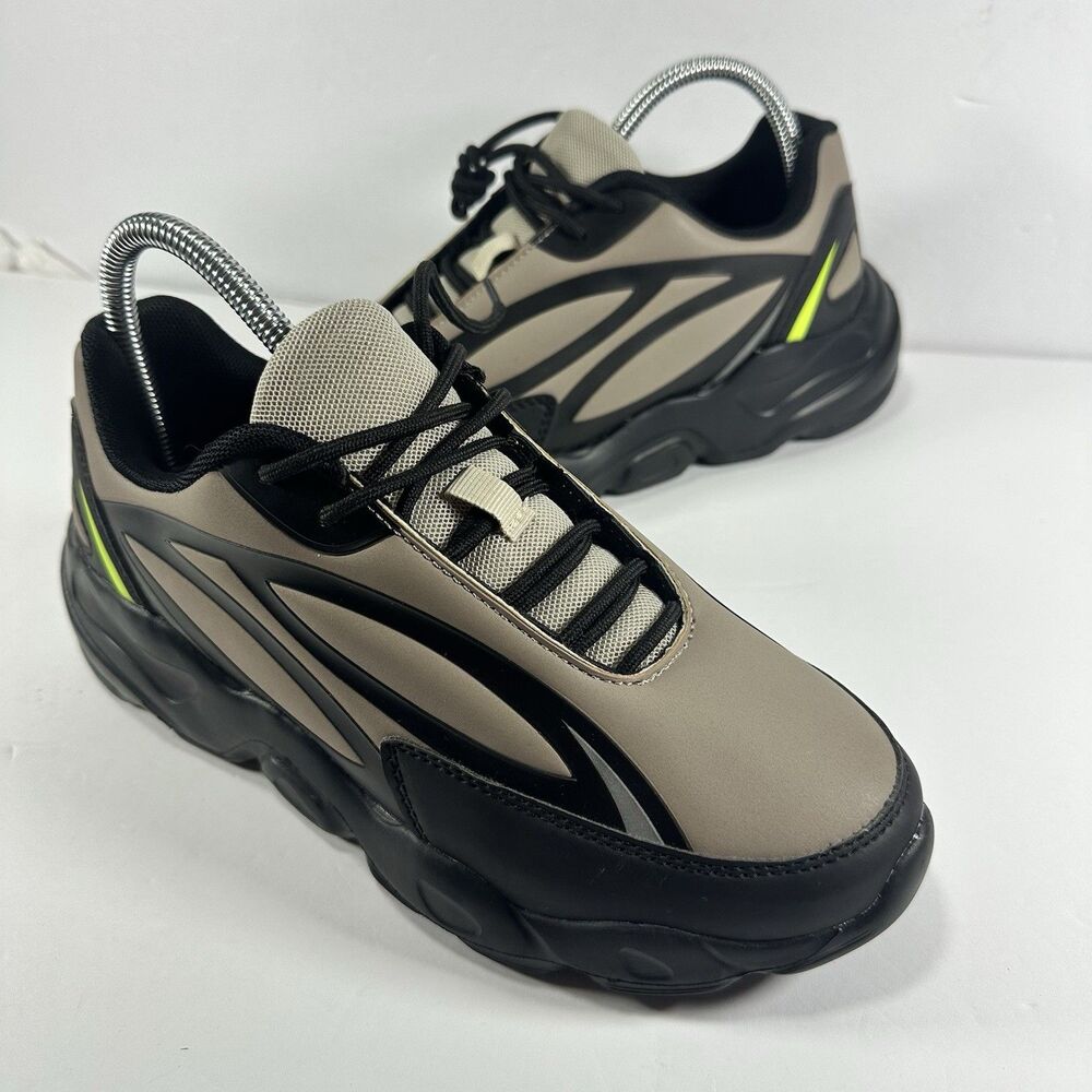 ASOS DESIGN Tech Trainers Sneakers Shoes Taupe Black Lime Men’s US 7 / EU 39